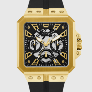 GUESS Mens Black Gold Tone Multi-function Watch